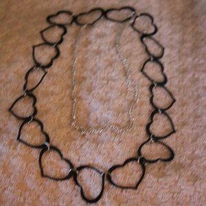 Women's 16 inch Link Black Enamel Hearts and Silver Tone Chain